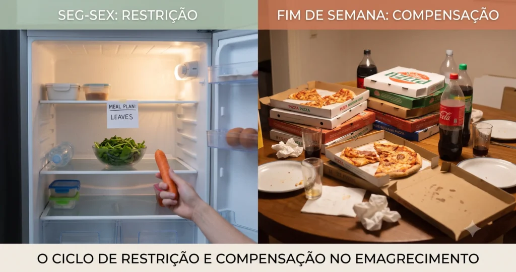 Uma imagem dividida. À esquerda, uma geladeira vazia ou com uma alimentação extremamente restritiva (apenas folhas). À direita, uma mesa cheia de caixas de pizza e refrigerantes, ilustrando o desequilíbrio comportamental do fim de semana.
