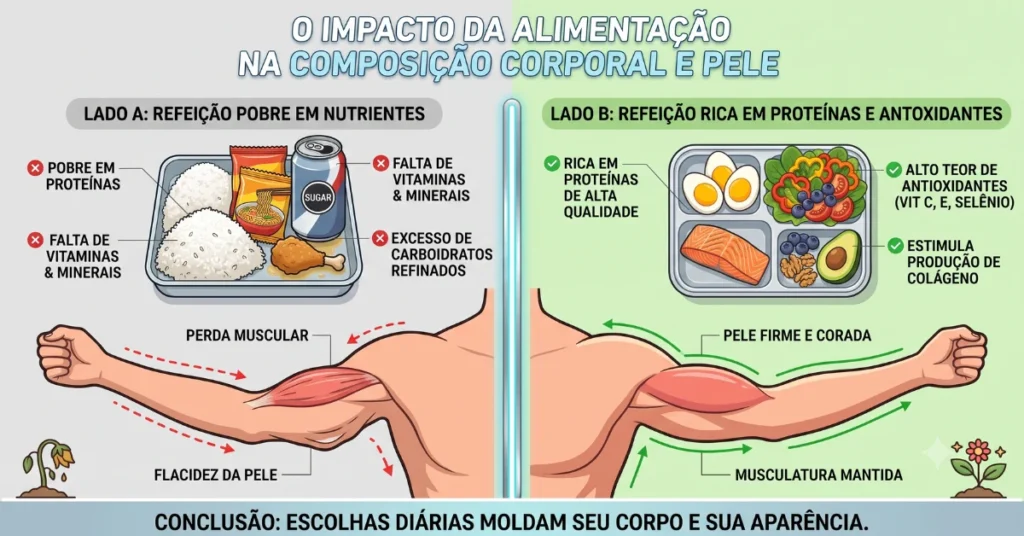 Rosto de Ozempic e flacidez corporal: comparação entre prato sem nutrientes e prato focado em colágeno.