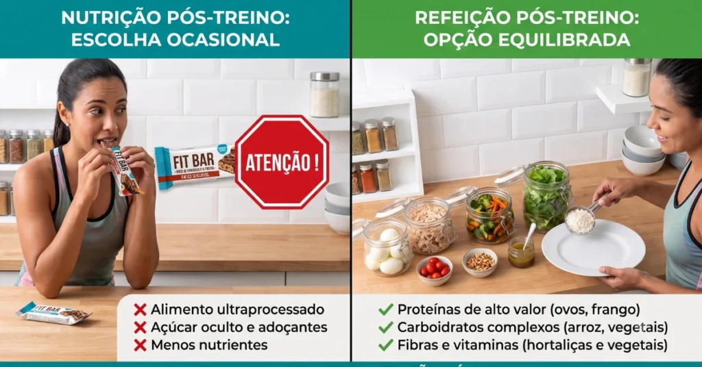 Comparação entre alimentos fit processados e comida de verdade no pós-treino.