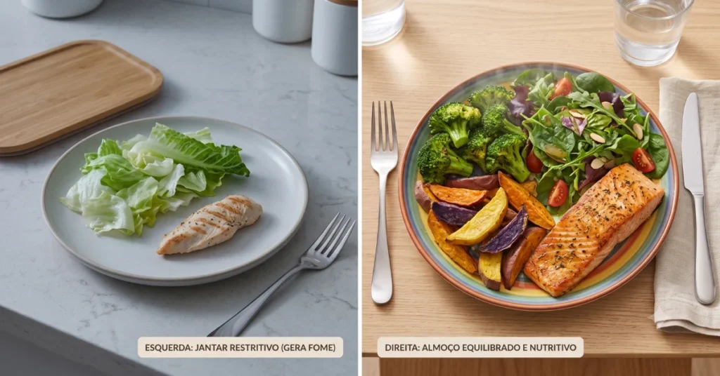 Diferença entre jantar restritivo e almoço equilibrado, prejudicando no emagrecimento sustentável.