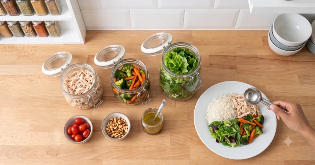 Potes organizados com comida saudável pré-preparada para facilitar a dieta.
