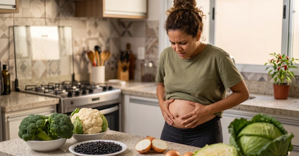 5 alimentos saudáveis que causam gases: mulher com estufamento abdominal devido aos alimentos que geram gases.