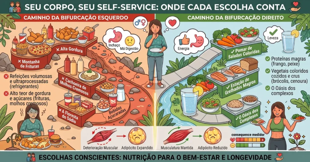 Almoço no self-service para emagrecer: comparação entre prato calórico e prato equilibrado.