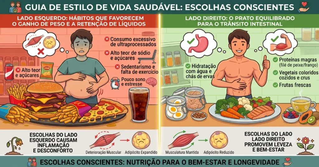 Celulite e alimentação: comparação entre hábitos que acentuam o inchaço e escolhas saudáveis.