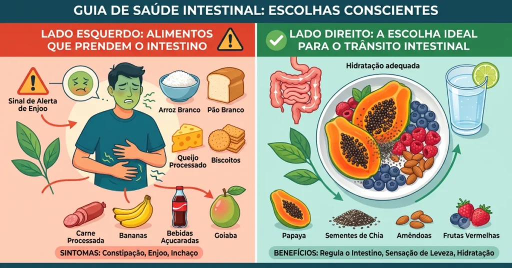 Ozempic intestino preso o que fazer: comparação entre alimentos que travam e alimentos que ajudam a digestão.