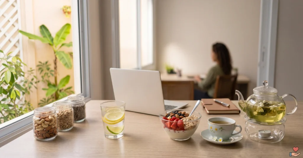Vontade de comer à tarde: opção prática de lanche saudável com iogurte, frutas e aveia para o ambiente de trabalho.