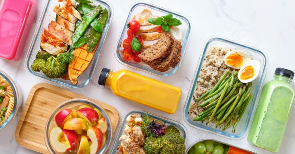Tudo ou nada na dieta: ilustração de equilíbrio alimentar entre refeição nutritiva e sobremesa.