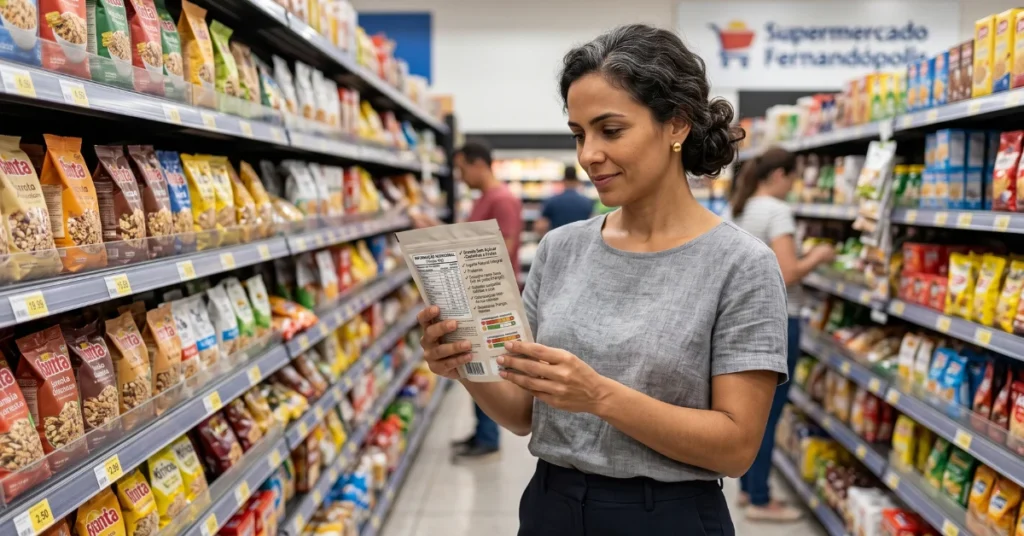 Alimentos fit e emagrecimento: mulher comparando rótulos de alimentos no supermercado.