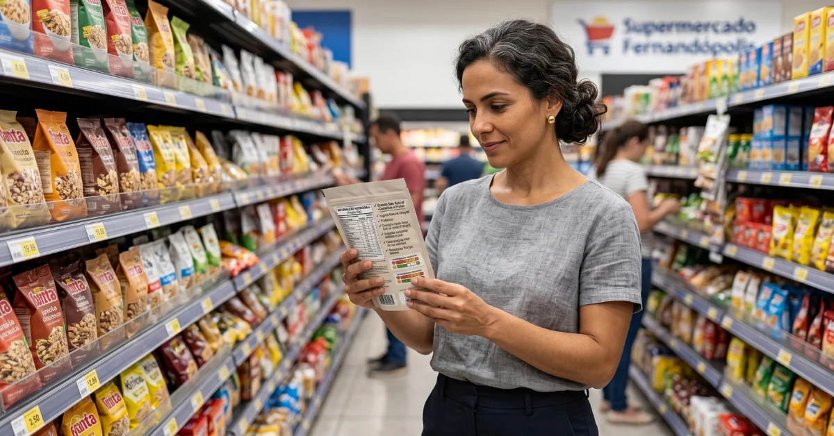 Alimentos fit e emagrecimento: mulher comparando rótulos de alimentos no supermercado.